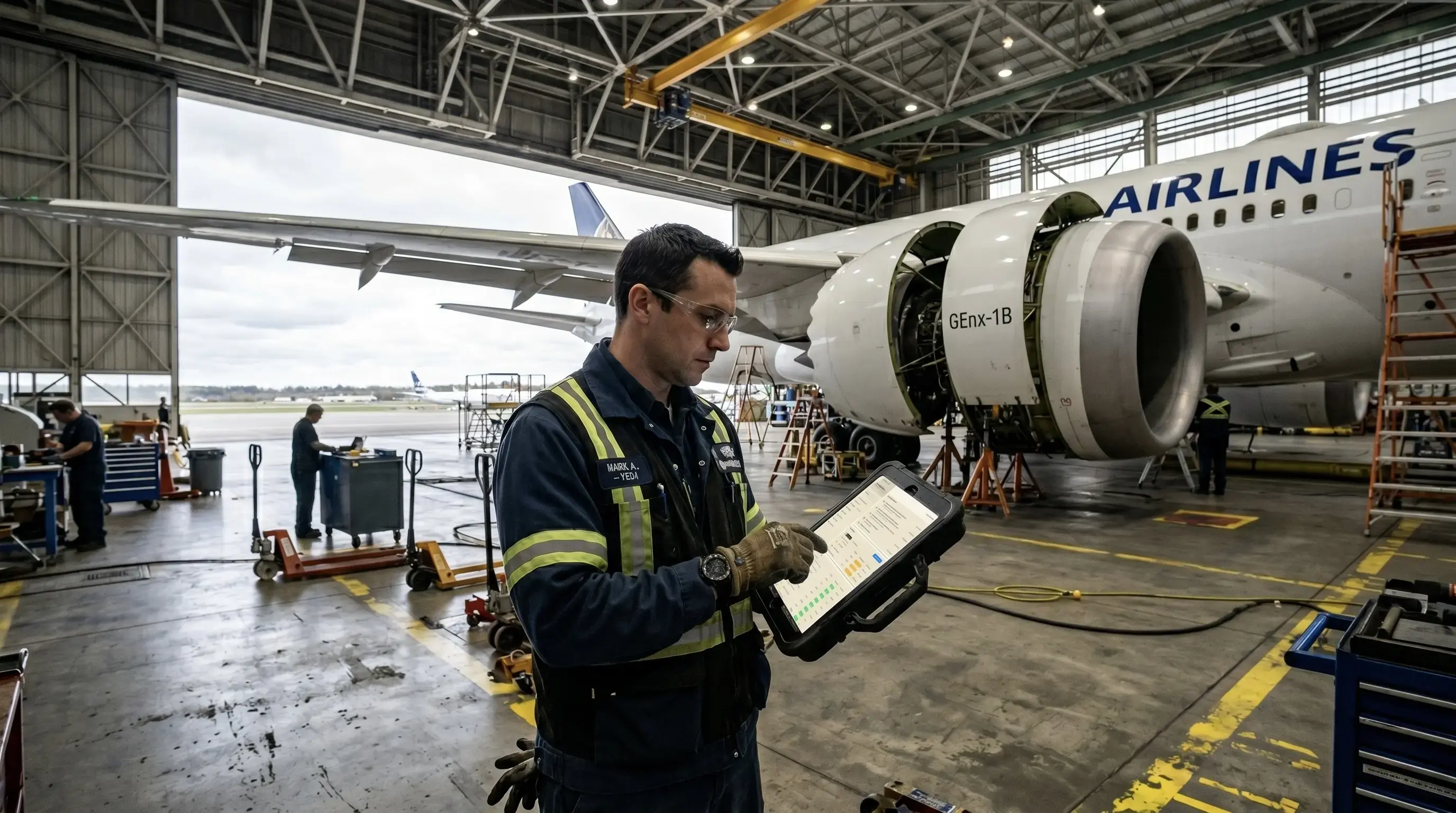 Aviation maintenance technician using a tablet in an aircraft hangar
